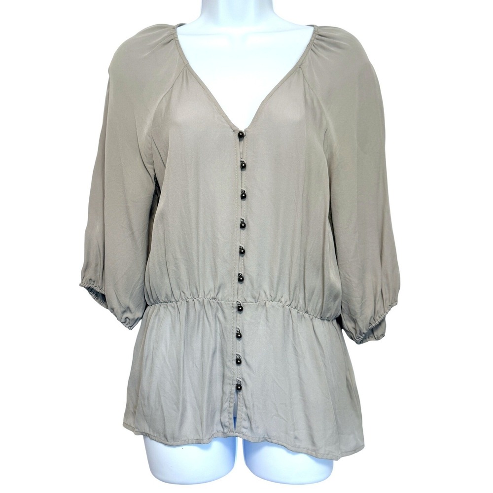 Banana Republic Silk Blouse Top Womens S Gray Feminine Renfair Puff Sleeve